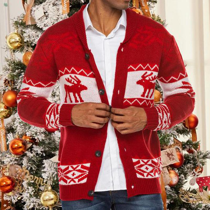 Men's Christmas Elk Lapel Single Breasted Knitted Cardigan 43843415Z