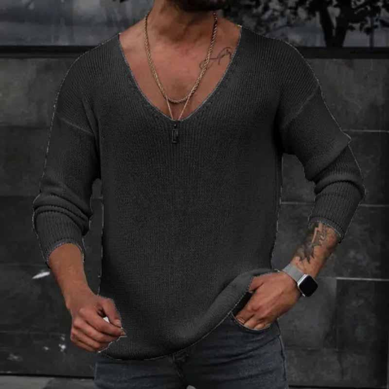 Men's Casual Solid Color V Neck Long Sleeve Knitted Sweater 50835474M