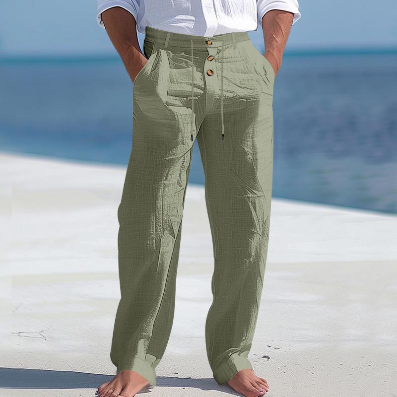 Men's Solid Color Cotton And Linen Buttons Decor Drawstring Waist Casual Pants 58659698Z