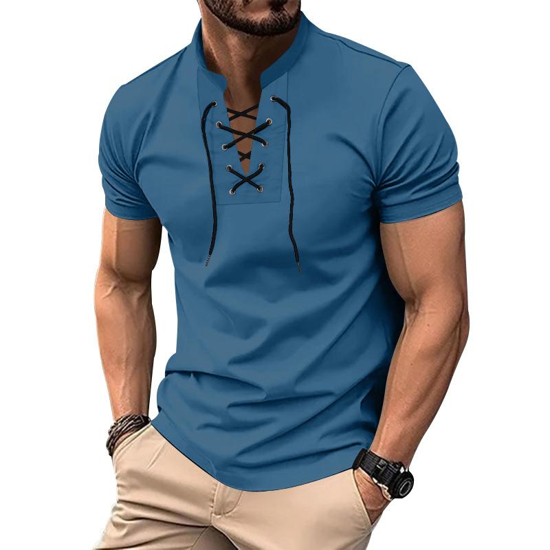 Men's Solid Color Lace-up V Neck Short Sleeve T-shirt 79653773Z