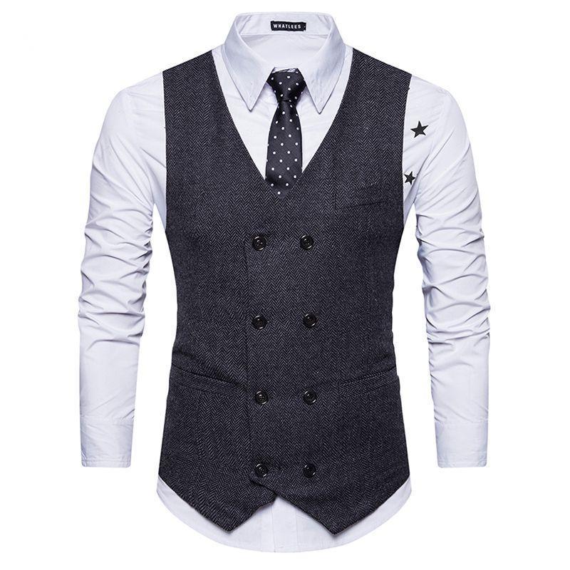 Men's Vintage Herringbone V Neck Double-Breasted Vest 63367534Y