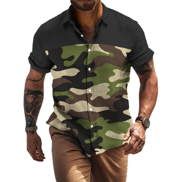 Men's Retro Color Block Camo Lapel Short Sleeve Shirt 55390584TO