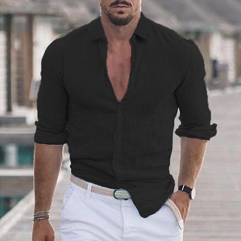 Chemise décontractée à manches longues et revers de couleur unie pour hommes 21280669Y