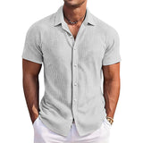 Men's Solid Color Waffle Lapel Short Sleeve Shirt 71135576Y