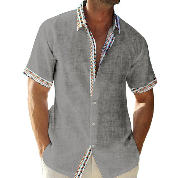Men's Casual Color Contrast Lapel Cotton Linen Short Sleeve Shirt 78416506M