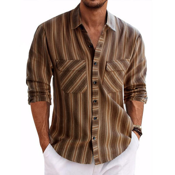 Men's Casual Stripe Print Lapel Long Sleeve Shirt 08232222X