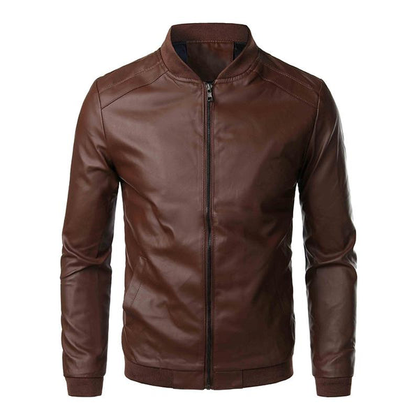 Men's Casual Baseball Collar Motorcycle Slim Fit Leather Jacket 28573682M