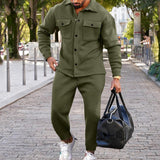 Men's Casual Solid Color Suede Lapel Single-Breasted Slim Jacket Sweatpants Set 09129550M