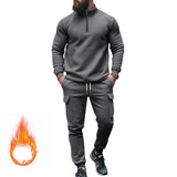 Men's Solid Color Casual Plush Warm Zipper Stand Collar Sweatshirt Sweatpants Set 08038864Y