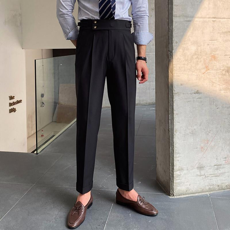 Pantaloni dritti a vita alta drappeggiati in stile britannico da uomo 73687328M