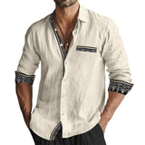 Men's Vintage Patchwork Linen Lapel Long-sleeved Shirt 92590397TO