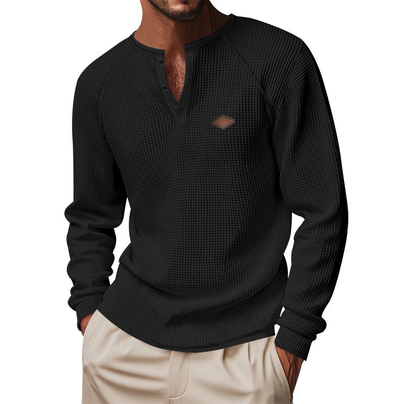 Men's Solid Waffle Henley Neck Long Sleeve T-Shirt 32241845X