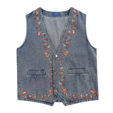 Men's Vintage V Neck Floral Embroidery Loose Denim Vest 60427439M