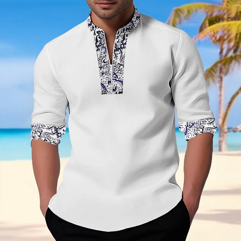 Men's Casual Printed Zip Henley Collar Long Sleeve Shirt 74849694Y