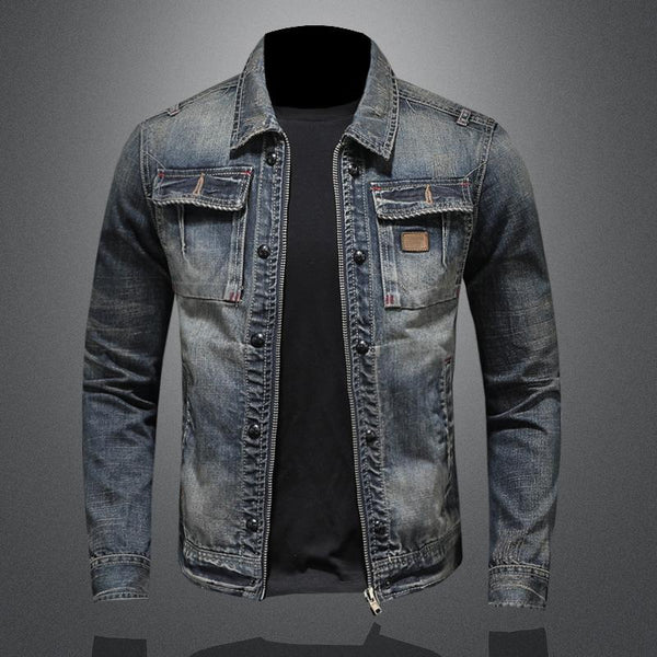 Men's Vintage Washed Slim Fit Zip-Up Denim Motorcycle Jacket 11233018M