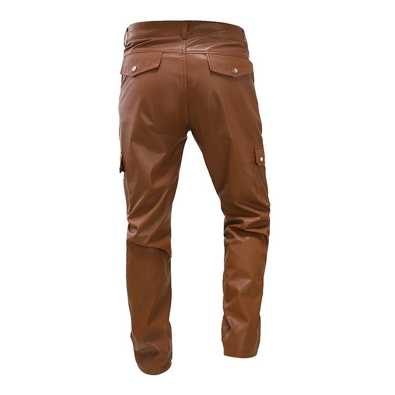 Men's Retro Punk Solid Color Flap Pocket Slim Fit Leather Pants 13738164M