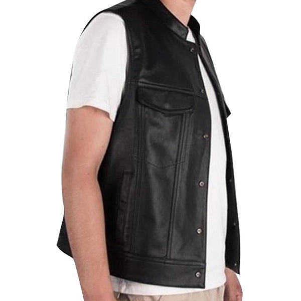 Men's Vintage Solid Color Motorcycle Stand Collar Leather Vest 91998277Y