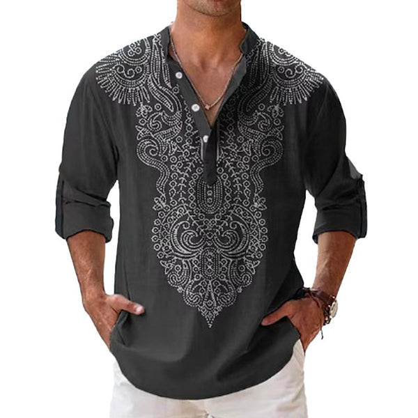 Men's Casual Printed Stand Collar Long Sleeve Shirt 94178674Y