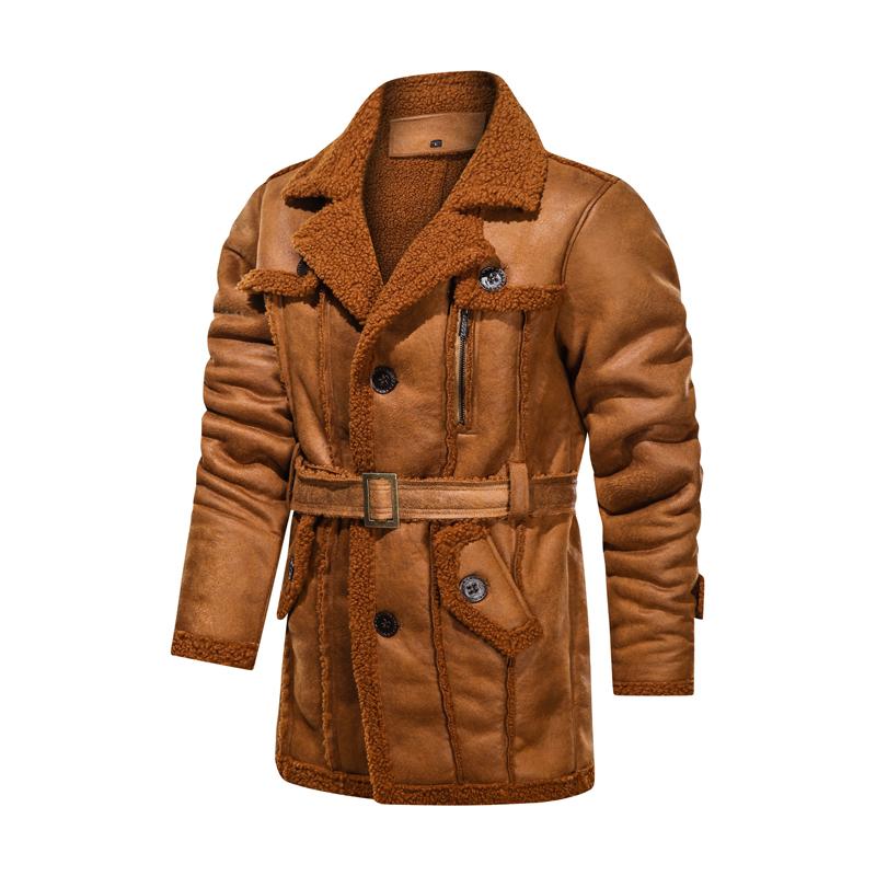 Men's Vintage Solid Color Multi-Pocket Lapel Warm Shearling Coat 56482380Y