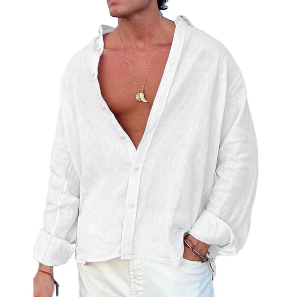 Men's Casual Solid Color Cotton Linen Long-Sleeved Shirt 14979704M