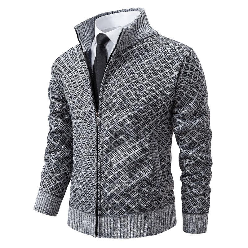 Men's Stand Collar Slim Fit Plaid Knit Cardigan 93275496F