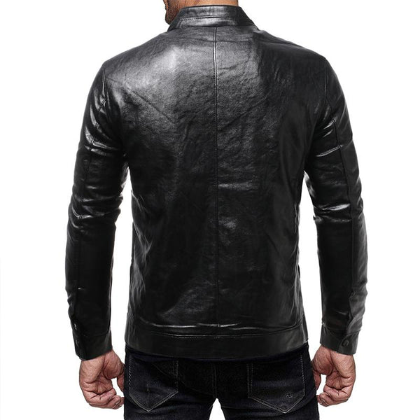 Men's Vintage Biker Solid Color Stand Collar Zipper Leather Jacket 86819331X