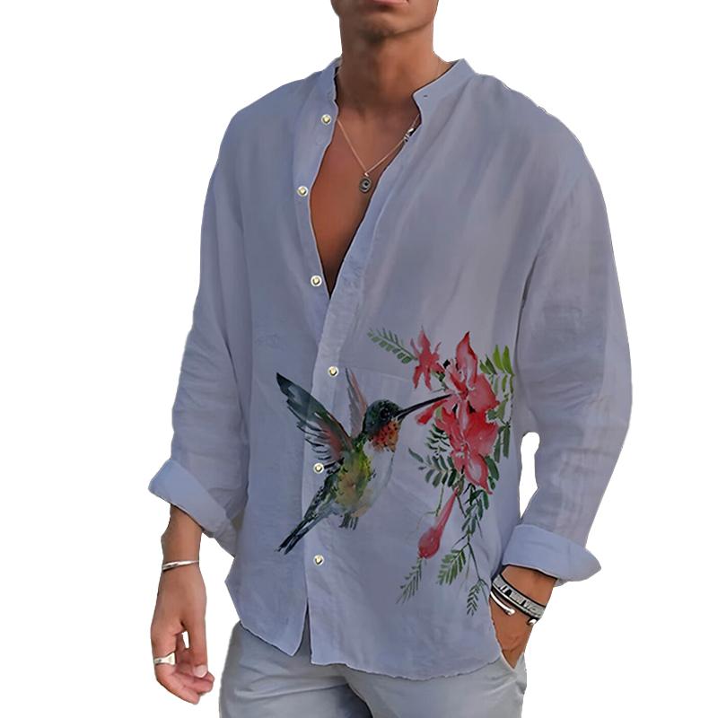 Men's Casual Stand Collar Printed Loose Long Sleeve Shirt 37548206M
