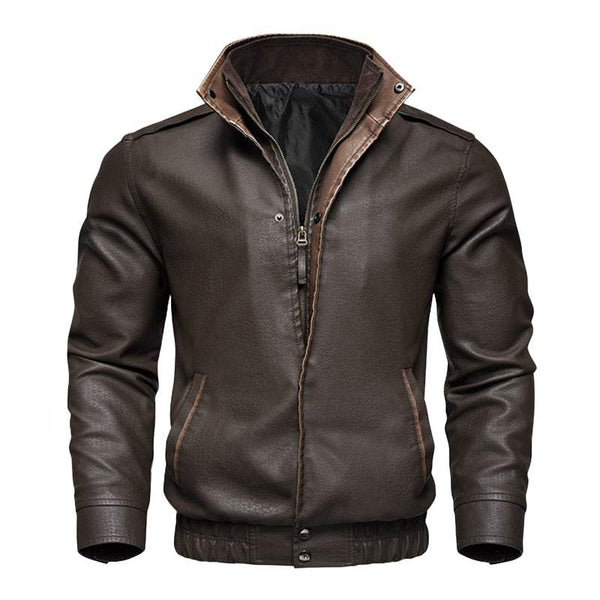 Men's Vintage Double Collar Leather Long Sleeve Zip Fly Bomber Jacket 88344870M