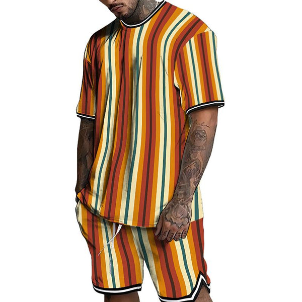 Men's Retro Striped Print Short-sleeved Two-piece Set 32591508TO