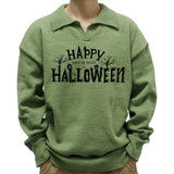 Men's Casual Polo Collar Happy Halloween Print Long Sleeve Pullover Sweater 23302005M