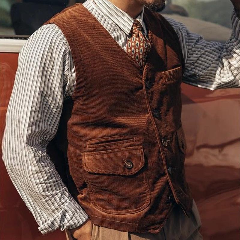 Men's Vintage Corduroy Multi-Pocket Vest 25664460Y