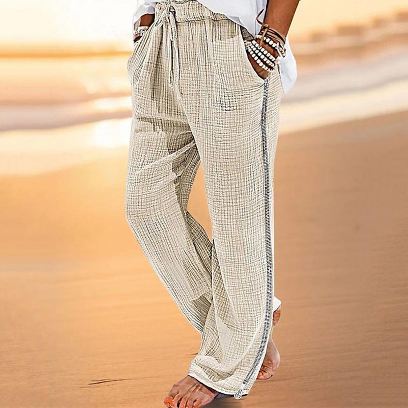 Men's Cotton Linen Beach Drawstring Elastic Waist Casual Pants 61033237X