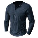Men's Henley Collar Distressed Solid Long Sleeve Casual T-shirt 18908765Z