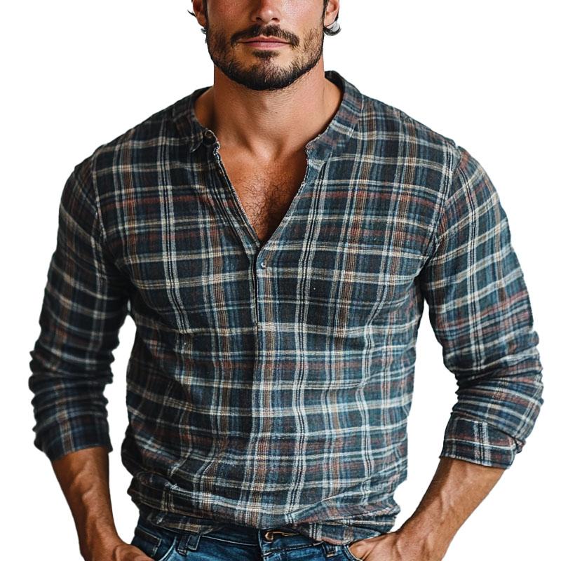 Men's Casual Check Pullover Henley Collar Long Sleeve Shirt 92317704X