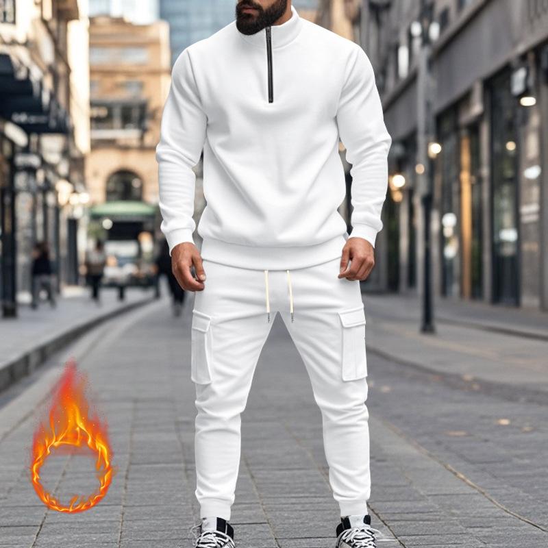 Men's Solid Color Casual Plush Warm Zipper Stand Collar Sweatshirt Sweatpants Set 08038864Y