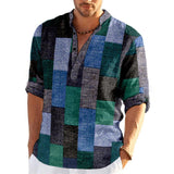 Men's Casual Loose Printed Cotton And Linen Stand Collar Long Sleeve Shirt 82174855K