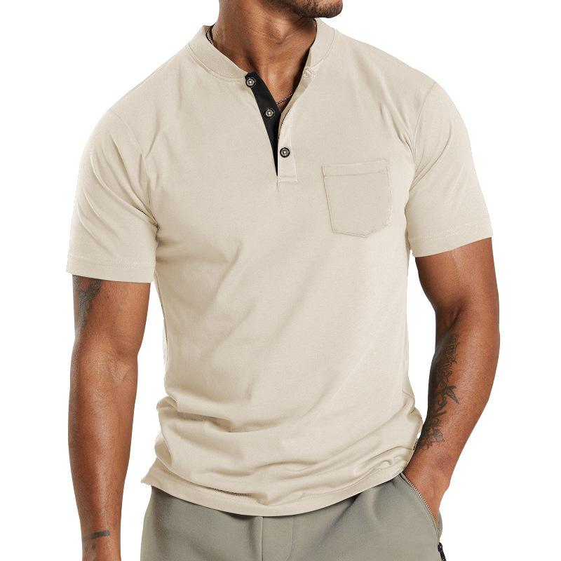 Men's Solid Henley Collar Breast Pocket Short Sleeve T-shirt 16261957Z