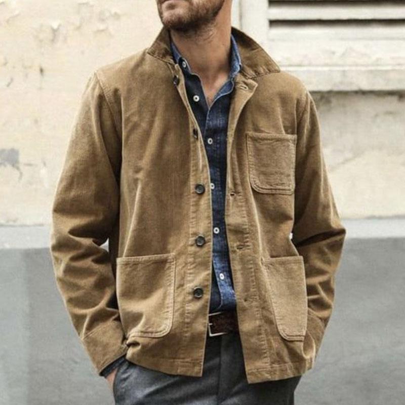 【Expédition 24 heures】Veste de travail à manches longues à revers multi-poches de couleur unie vintage pour hommes 32788666M