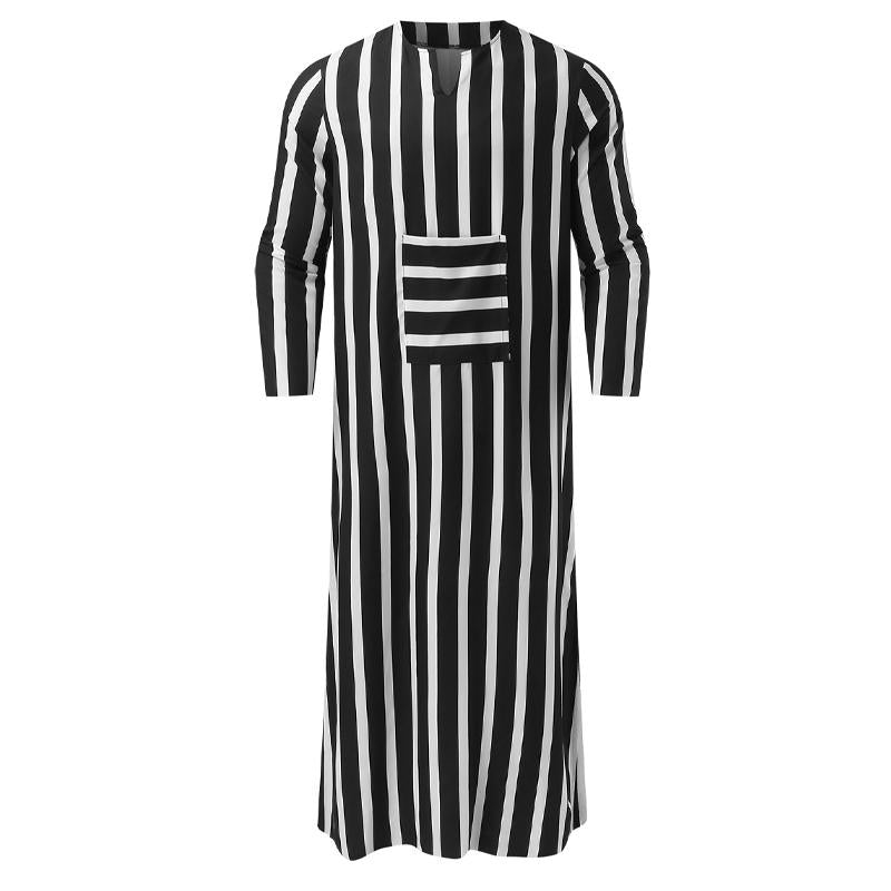 Men's Loose Stripe Print Pocket V-Neck Long Sleeve Robe 80536021Y