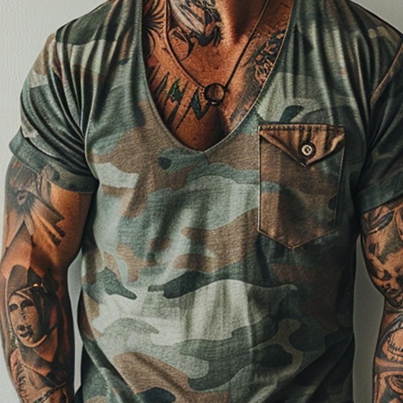 Men's Vintage Camo Print V-Neck Chest Pocket Short Sleeve T-Shirt 68738884Y