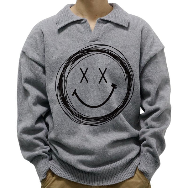 Men's Casual Polo Collar Smiley Print Long Sleeve Pullover Sweater 54341461M