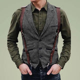 Men's Vintage Lapel Single-Breasted Multi-pocket Herringbone Vest 59356841M
