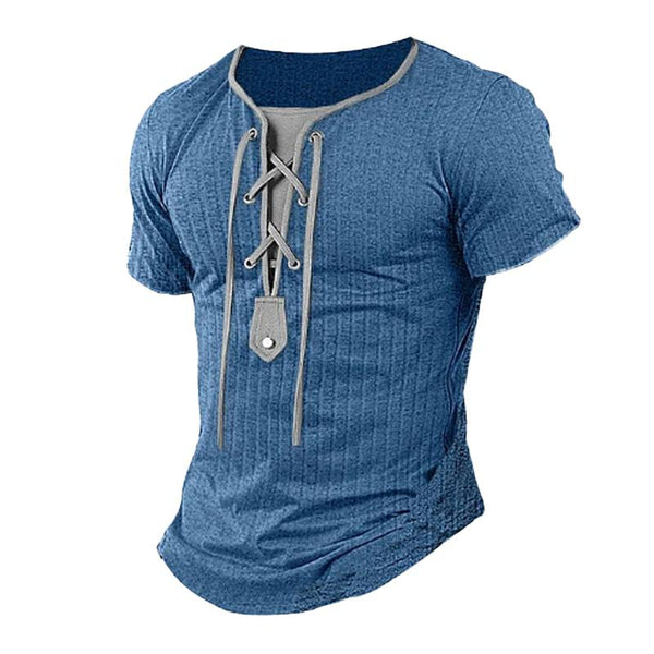 Men's Casual Contrast Color Lace-Up Collar Slim Fit Short Sleeve T-Shirt 46256305M