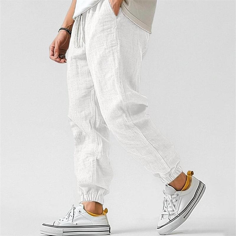 Men's Solid Color Cotton And Linen Elastic Waist Casual Pants 02919946Z