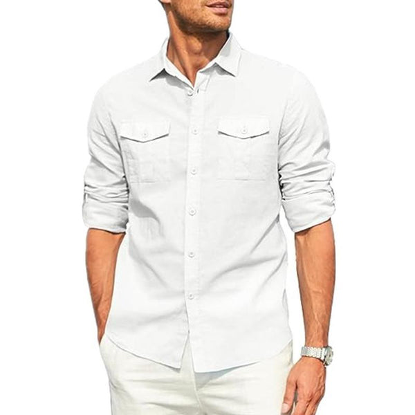 Men's Double Pocket Cotton Linen Long Sleeve Casual Vacation Shirt 99343148X