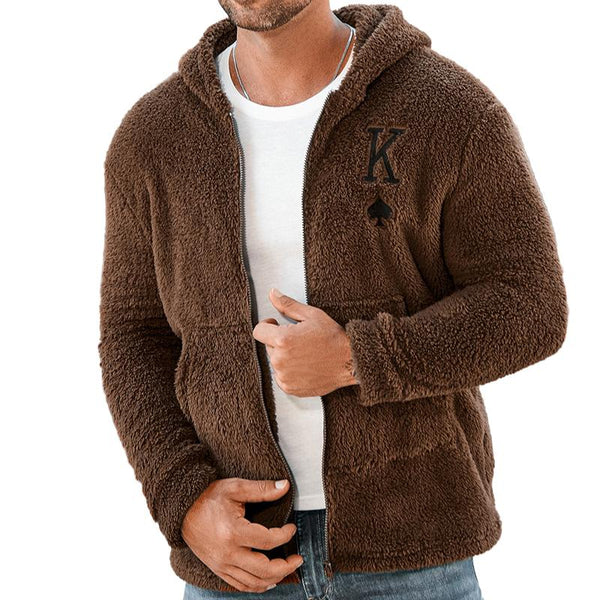 Men's Solid Color Long Sleeve Fleece Zipper Vintage Hooded Jacket 38484338X