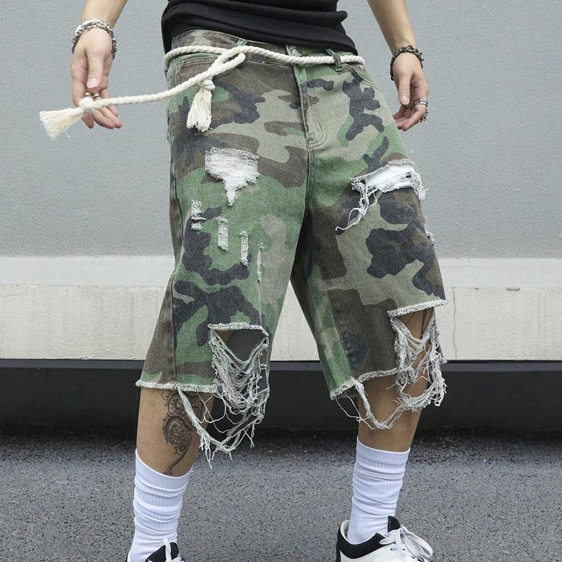 【24-Stunden-Versand】Herren Camouflage Washed Ripped Cropped Hose 68286396Y