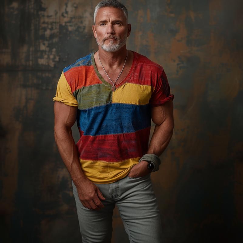 Men's Colorblock V-Neck Short Sleeve T-Shirt 71453971Y