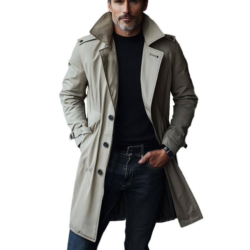 Men's Solid Color Casual Lapel Long Trench Coat 50161605X