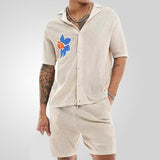 Men's Retro Jacquard Knit Lapel Short Sleeve Cardigan Shorts Set 18403437M